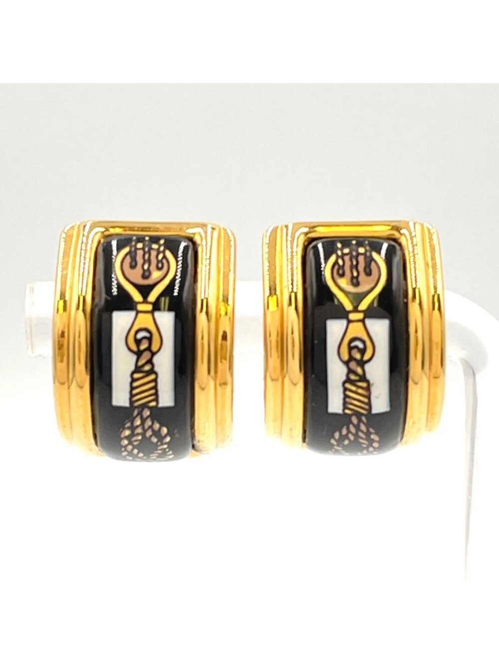 Hermes Enamel Gold Plated Black Earrings